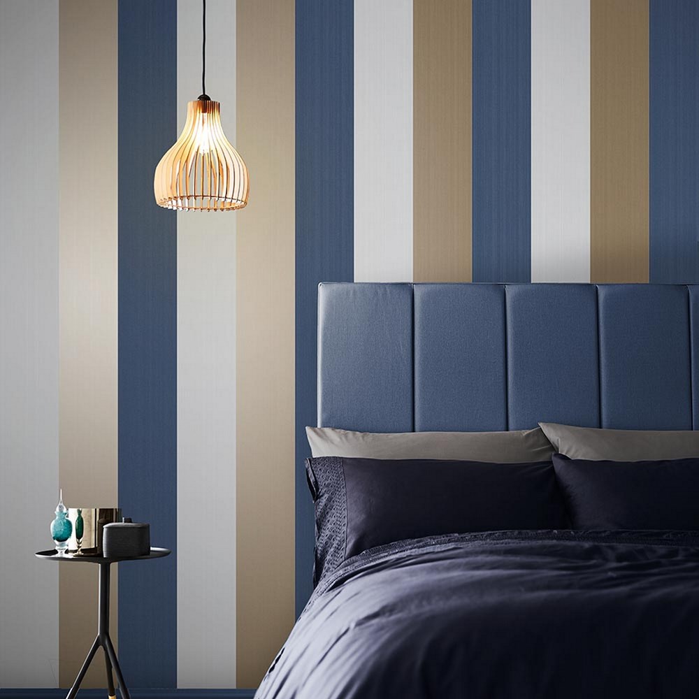 Figaro Stripe Wallpaper 106351 by Graham & Brown in Navy Blue